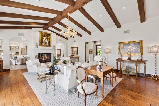Chandelier, Dining room, Fireplace, Interior, Living room, Recessed Lighting, Wooden Beams, Wood Texture Flooring