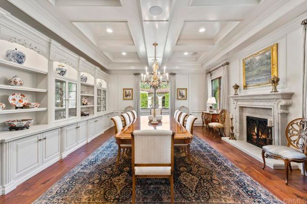 Chandelier, Fireplace, Home Office, Interior, Recessed Lighting, Wood Texture Flooring