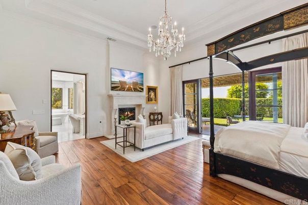Bedroom, Chandelier, Fireplace, Interior, Wood Texture Flooring