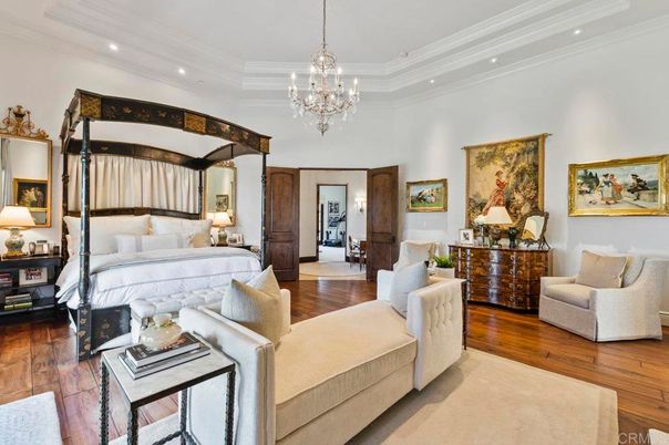 Bedroom, Chandelier, Interior, Recessed Lighting, Wood Texture Flooring