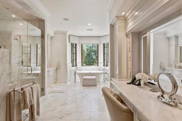Bathroom, Free Standing Baths, Glass Shower, Interior, Marble, Marble Walls, Recessed Lighting