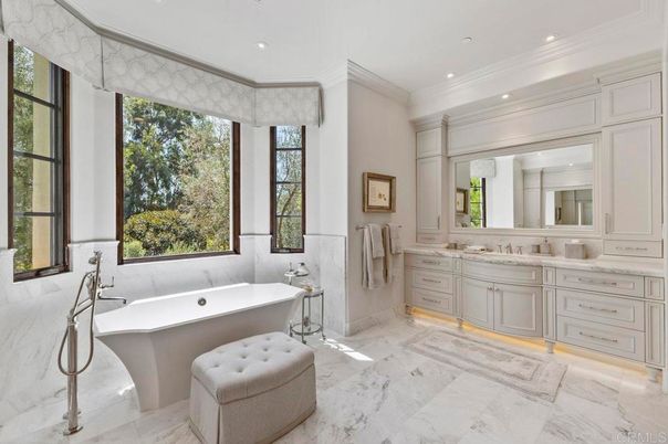 Bathroom, Dual Sink Vanities, Free Standing Baths, Interior, Marble, Recessed Lighting