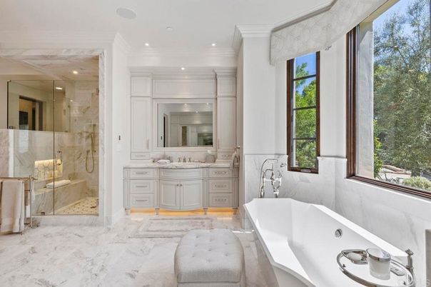 Bathroom, Glass Shower, Interior, Marble, Recessed Lighting