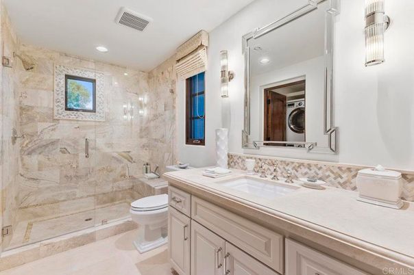 Bathroom, Glass Shower, Interior, Marble Walls, Recessed Lighting