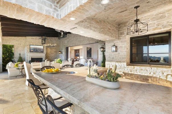 Dining room, Fireplace, Interior, Living room, Pendant Lights, Recessed Lighting, Stone Walls