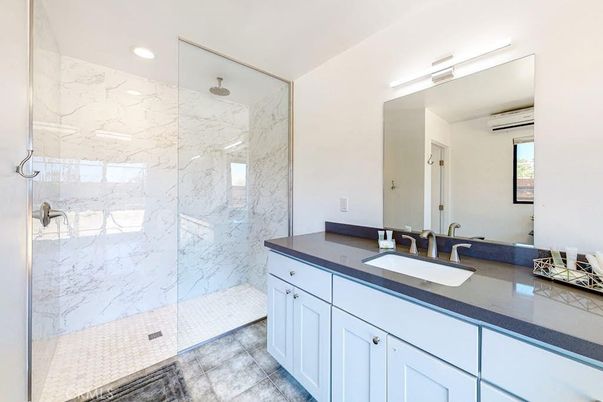 Bathroom, Glass Shower, Interior, Marble Walls, Recessed Lighting