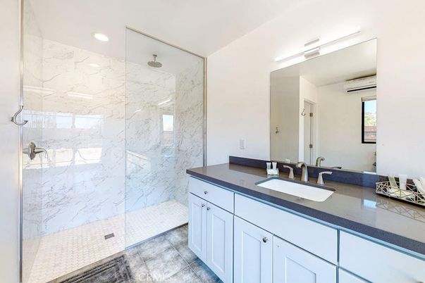 Bathroom, Glass Shower, Interior, Marble Walls, Recessed Lighting