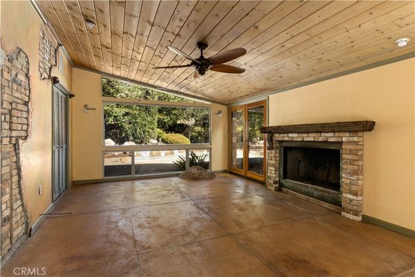 Empty room, Fireplace, Interior, Recessed Lighting, Wooden Ceilings