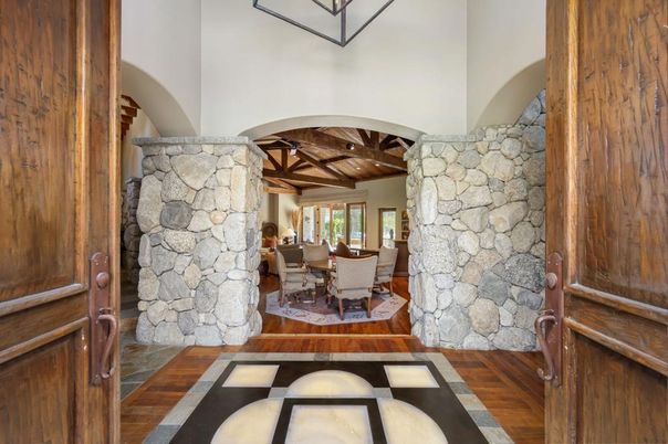 Dining room, Interior, Stone Walls, Wooden Beams, Wood Texture Flooring