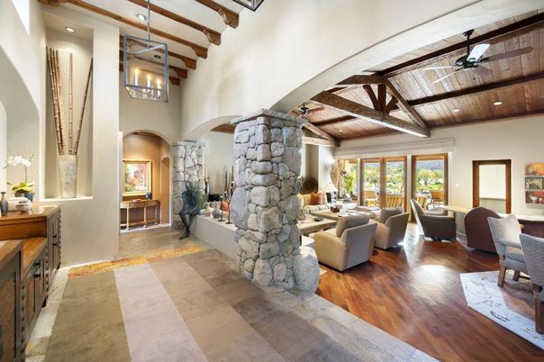 Fireplace, Interior, Living room, Pendant Lights, Recessed Lighting, Wooden Beams, Wooden Ceilings, Wood Texture Flooring