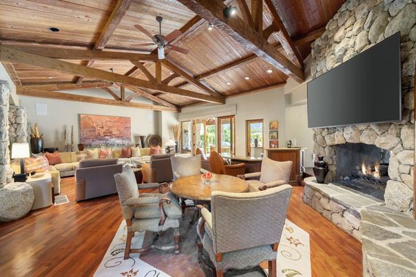 Dining room, Fireplace, Interior, Living room, Recessed Lighting, Stone Walls, Wooden Beams, Wooden Ceilings, Wood Texture Flooring