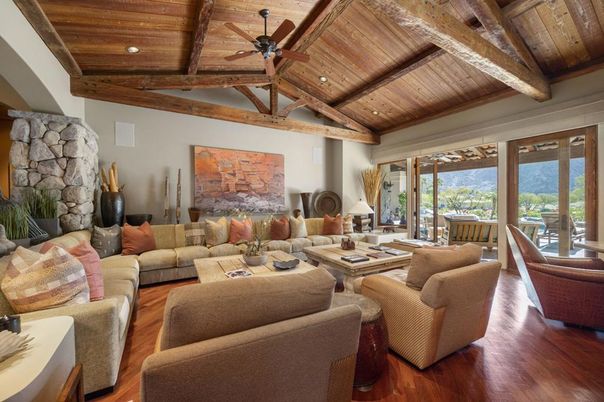 Fireplace, Interior, Living room, Recessed Lighting, Stone Walls, Wooden Beams, Wooden Ceilings, Wood Texture Flooring