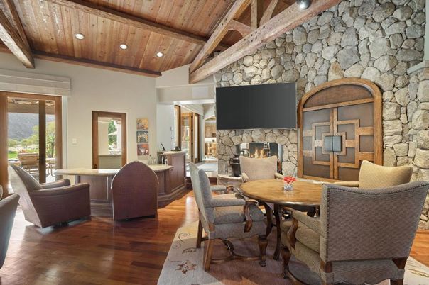 Dining room, Fireplace, Interior, Living room, Recessed Lighting, Stone Walls, Wooden Beams, Wooden Ceilings, Wood Texture Flooring