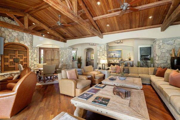 Dining room, Interior, Living room, Recessed Lighting, Stone Walls, Wooden Beams, Wooden Ceilings, Wood Texture Flooring