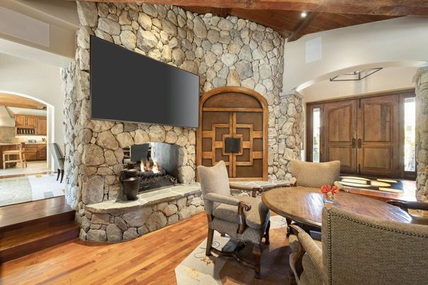 Fireplace, Interior, Recessed Lighting, Stone Walls, Wooden Beams, Wooden Ceilings, Wood Texture Flooring