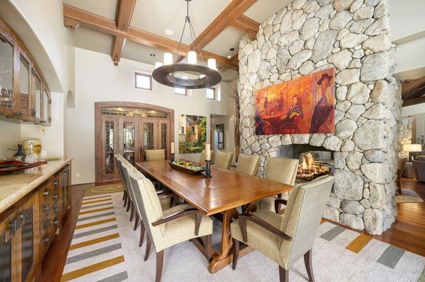 Dining room, Fireplace, Interior, Pendant Lights, Recessed Lighting, Stone Walls, Wooden Beams, Wood Texture Flooring