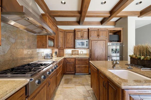 Interior, Kitchen, Recessed Lighting, Stainless Steel Appliances, Wooden Beams
