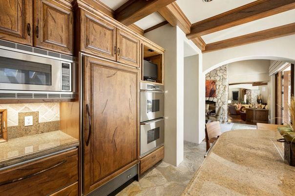 Interior, Kitchen, Recessed Lighting, Stainless Steel Appliances, Stone Walls, Wooden Beams