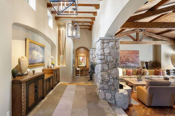 Fireplace, Interior, Living room, Pendant Lights, Stone Walls, Wooden Beams