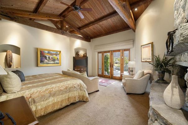 Bedroom, Fireplace, Interior, Recessed Lighting, Wooden Beams, Wooden Ceilings