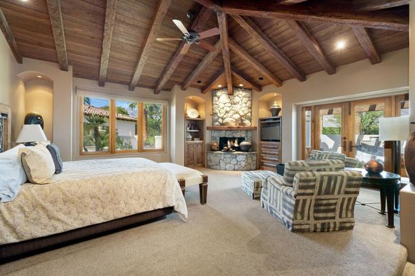 Bedroom, Fireplace, Interior, Recessed Lighting, Stone Walls, Wooden Beams, Wooden Ceilings