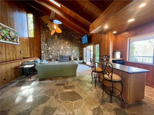 Fireplace, Interior, Living room, Recessed Lighting, Stone Walls, Wooden Beams, Wooden Ceilings, Wooden Walls