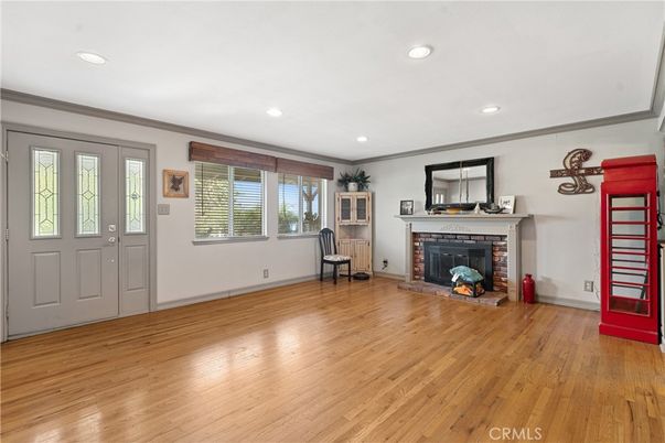 Empty room, Fireplace, Interior, Recessed Lighting, Wood Texture Flooring