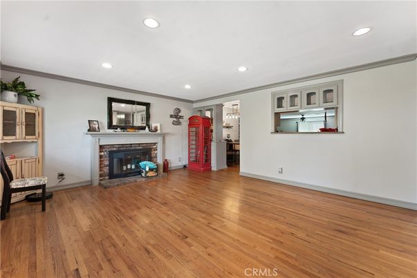 Empty room, Fireplace, Interior, Recessed Lighting, Wood Texture Flooring