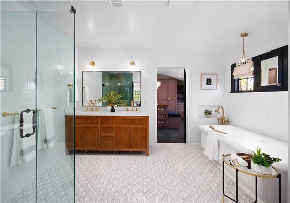 Bathroom, Dual Sink Vanities, Glass Shower, Interior, Pendant Lights