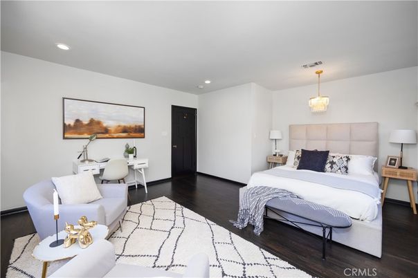 Bedroom, Chandelier, Home Office, Interior, Recessed Lighting, Wood Texture Flooring