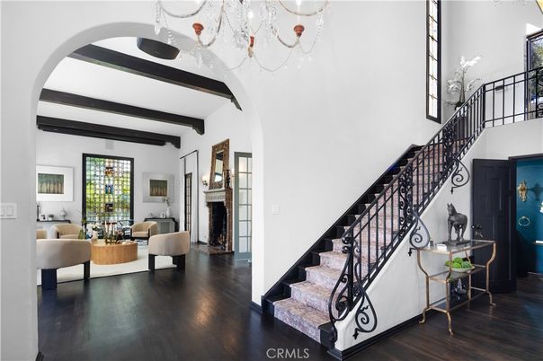 Chandelier, Fireplace, Interior, Living room, Wooden Beams, Wood Texture Flooring