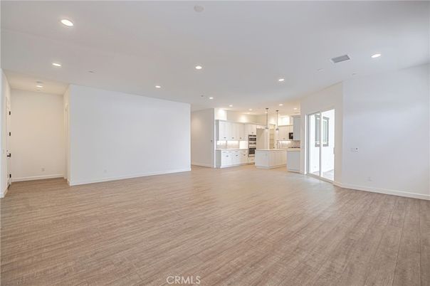Empty room, Interior, Kitchen, Pendant Lights, Recessed Lighting, Wood Texture Flooring