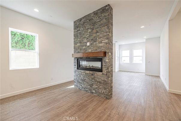 Empty room, Fireplace, Interior, Recessed Lighting, Wood Texture Flooring