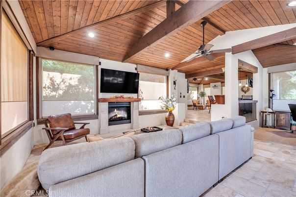 Fireplace, Interior, Living room, Recessed Lighting, Wooden Beams, Wooden Ceilings