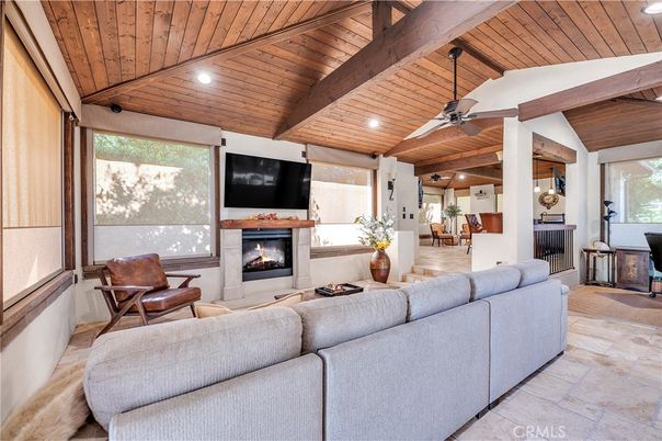 Fireplace, Interior, Living room, Recessed Lighting, Wooden Beams, Wooden Ceilings