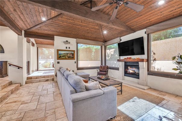 Fireplace, Interior, Living room, Recessed Lighting, Wooden Beams, Wooden Ceilings