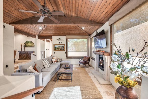 Fireplace, Interior, Living room, Recessed Lighting, Wooden Beams, Wooden Ceilings