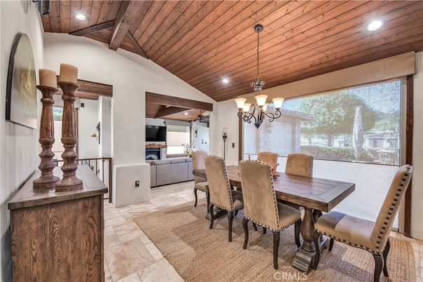 Chandelier, Dining room, Interior, Living room, Recessed Lighting, Wooden Beams, Wooden Ceilings