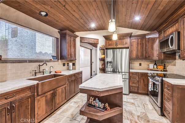 Interior, Kitchen, Pendant Lights, Recessed Lighting, Stainless Steel Appliances, Wooden Ceilings