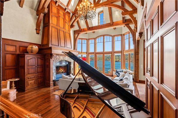 Chandelier, Fireplace, Interior, Water, Wooden Beams, Wood Texture Flooring
