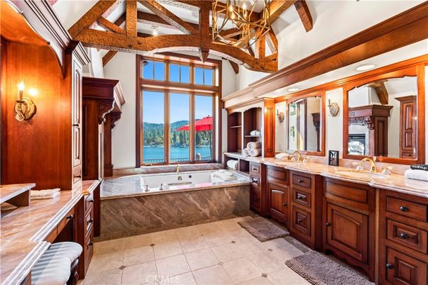 Bathroom, Dual Sink Vanities, Interior, Recessed Lighting, Water, Wooden Beams