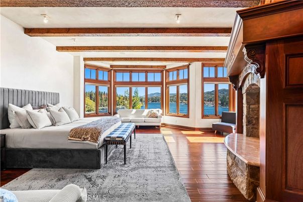 Bedroom, Fireplace, Interior, Living room, Water, Wooden Beams, Wood Texture Flooring