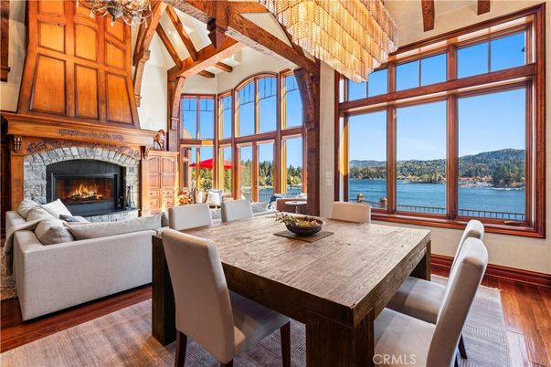 Chandelier, Dining room, Fireplace, Interior, Living room, Water, Wooden Beams, Wood Texture Flooring