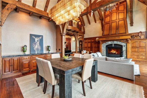 Chandelier, Dining room, Fireplace, Interior, Living room, Piano, Wooden Beams, Wood Texture Flooring