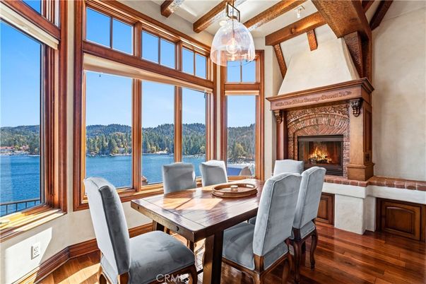 Dining room, Fireplace, Interior, Pendant Lights, Water, Wooden Beams, Wood Texture Flooring