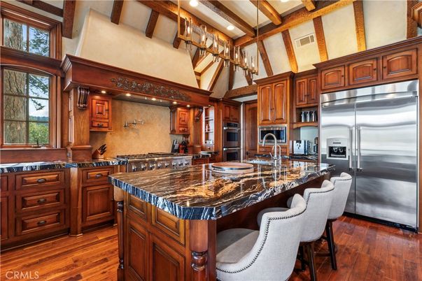 Interior, Kitchen, Pendant Lights, Recessed Lighting, Stainless Steel Appliances, Wooden Beams, Wood Texture Flooring