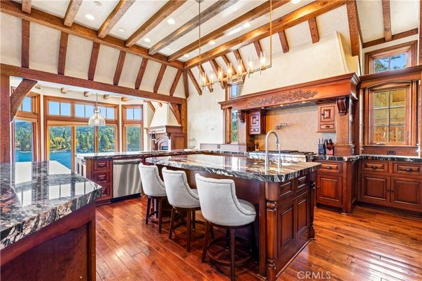 Chandelier, Interior, Kitchen, Pendant Lights, Recessed Lighting, Stainless Steel Appliances, Wooden Beams, Wood Texture Flooring