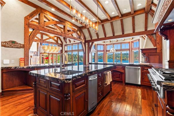 Interior, Kitchen, Pendant Lights, Recessed Lighting, Stainless Steel Appliances, Wooden Beams, Wood Texture Flooring