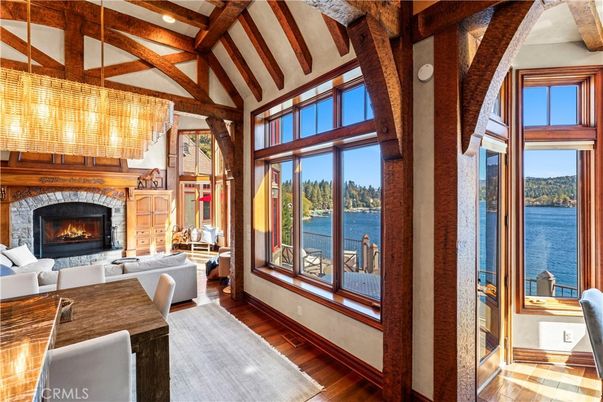 Fireplace, Home Office, Interior, Living room, Pendant Lights, Recessed Lighting, Water, Wooden Beams, Wood Texture Flooring