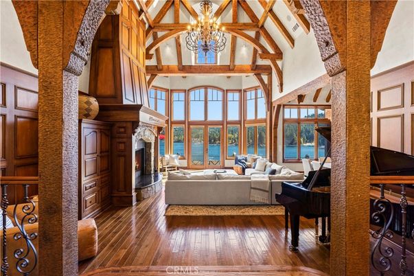 Chandelier, Fireplace, Interior, Living room, Piano, Water, Wooden Beams, Wood Texture Flooring